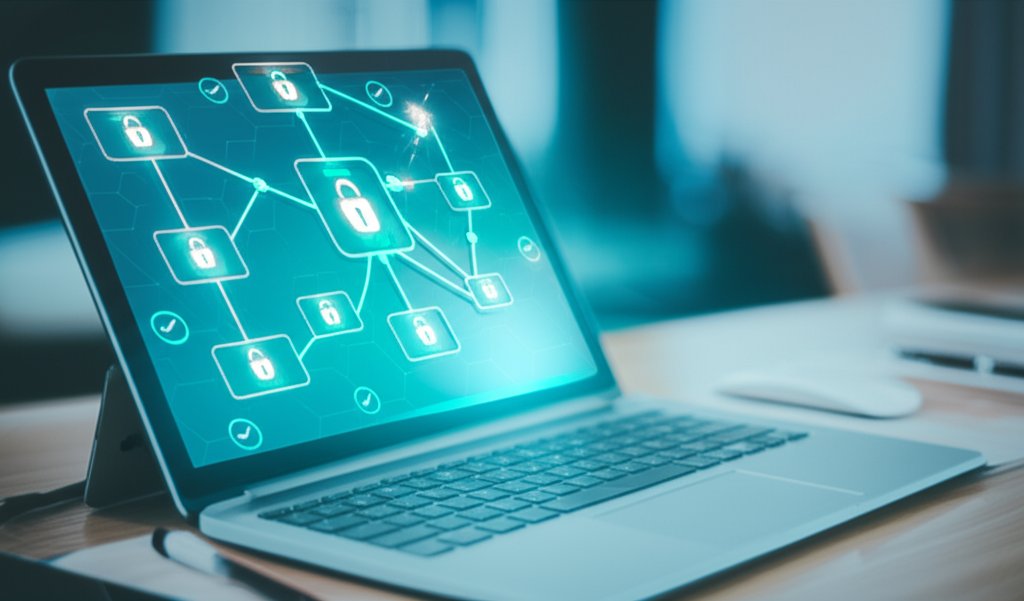 Professional on laptop viewing a glowing digital network with granular Zero-Trust security and continuous authentication.