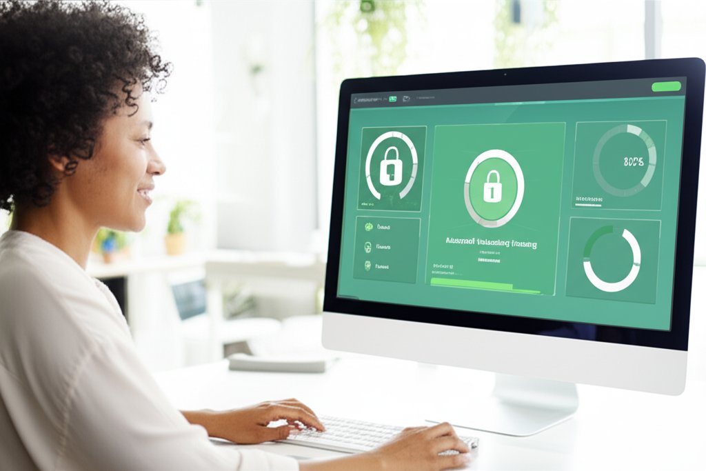 Diverse small business owner confidently monitors an automated vulnerability scanning dashboard on a computer in a modern ...