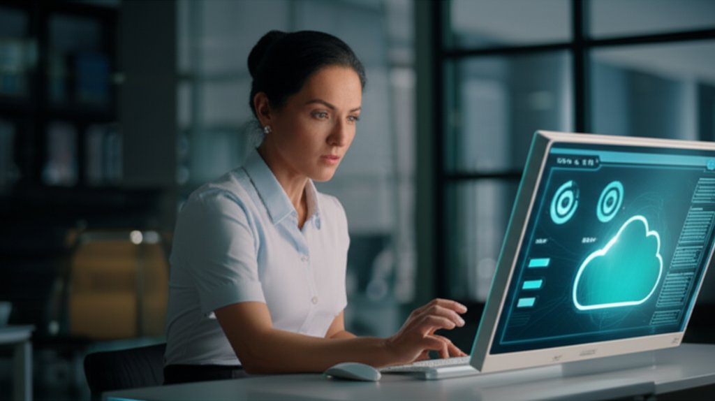 Small business owner confidently understands cloud security, viewing an intuitive cloud-native dashboard.