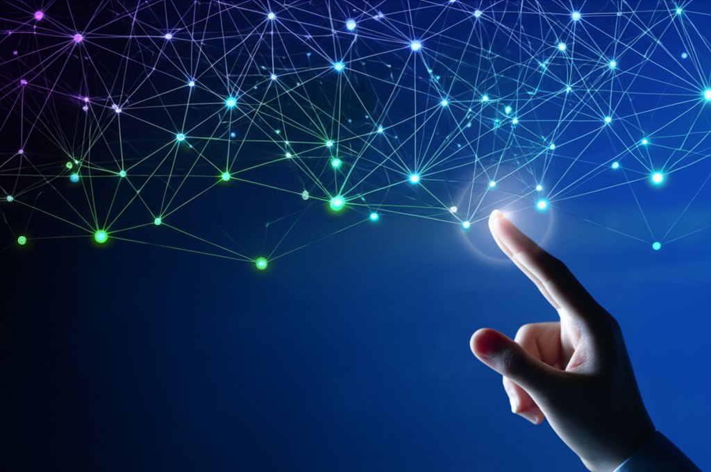 Human hand interacts with a glowing, decentralized digital network, symbolizing secure control over data and digital ident...