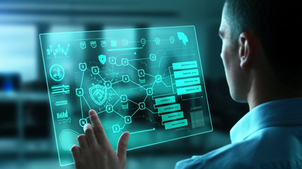 Cybersecurity professional analyzing an AI neural network on a transparent digital display with threat modeling shields.
