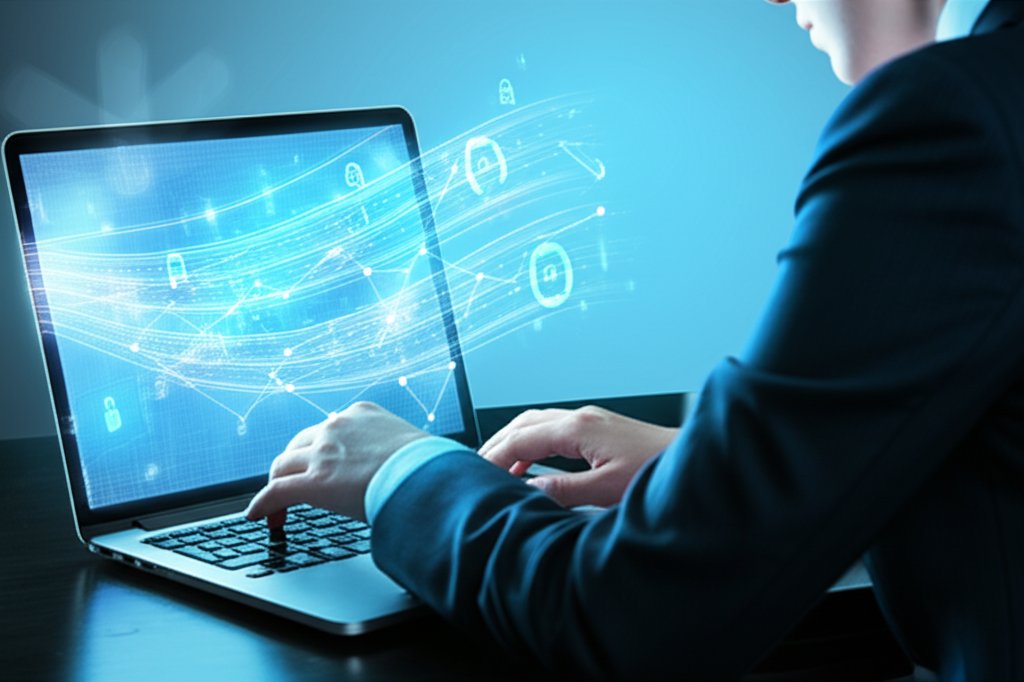 Individual engaging laptop in modern workspace. Screen shows abstract digital security streams for proactive vulnerability...