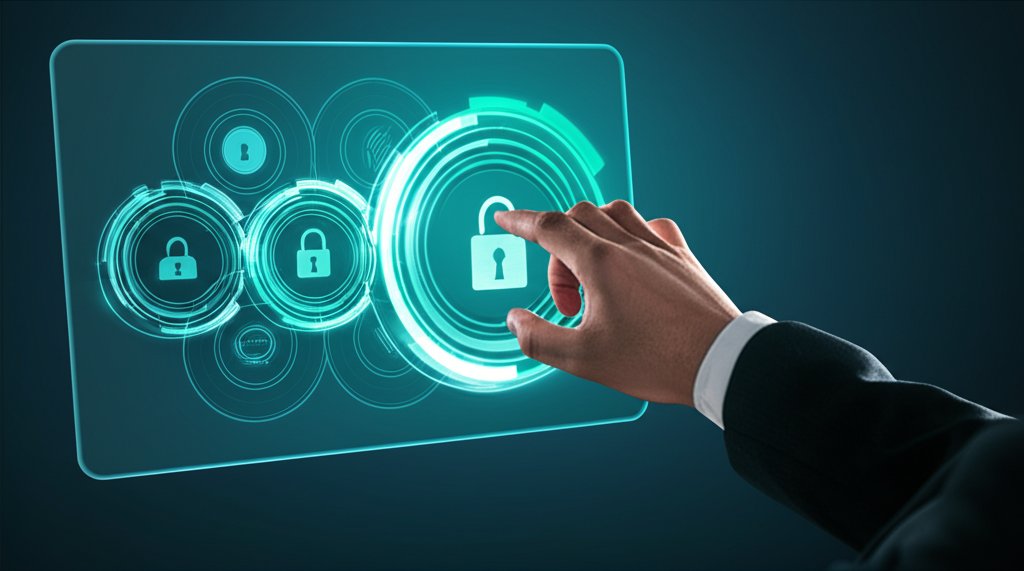 Human hand interacts with a translucent digital screen showing interlocking security layers and a padlock, illustrating Mu...