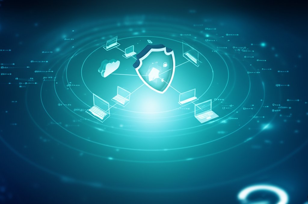 Digital illustration of multi-layered security: Glowing shields protect a networked home/small office from cyber threats.