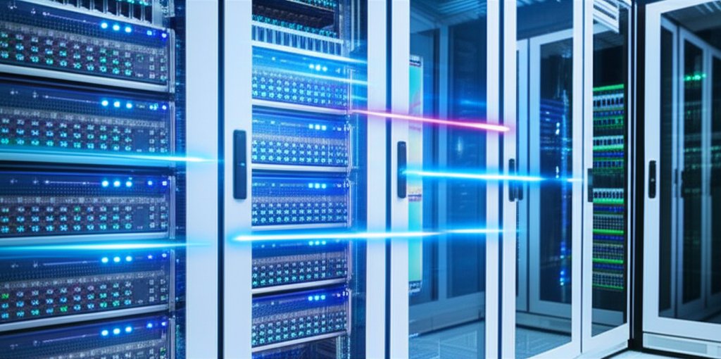 Professional network equipment cabinet with color-coded glowing zones representing secure network segmentation in a modern...