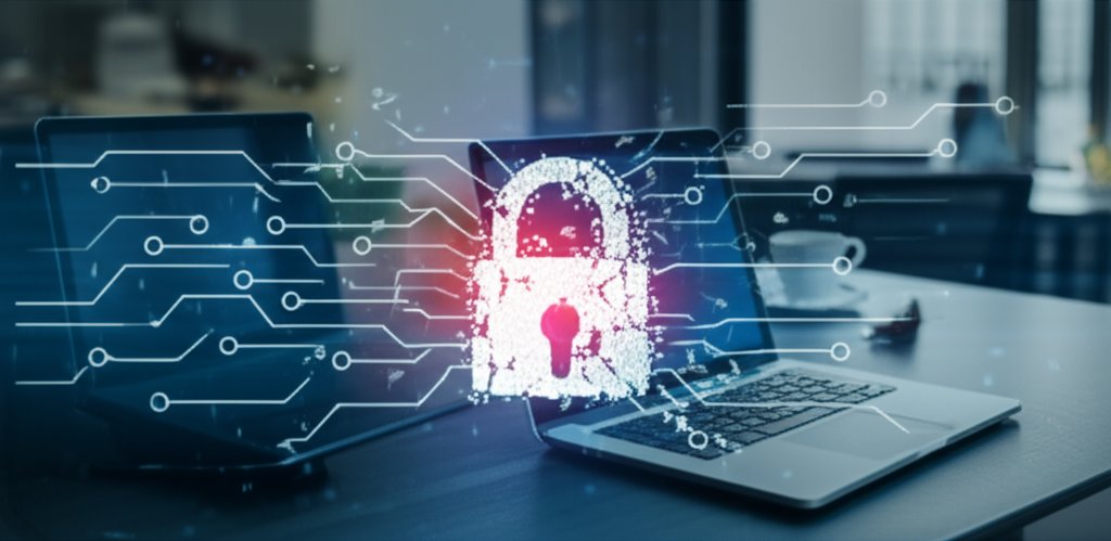 Illustration of a broken lock & fragmented data near connected devices, showing password security risks for hybrid teams.