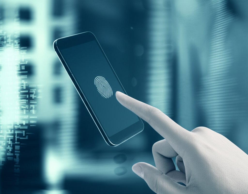 Hand authenticating on a sleek smartphone with a passwordless biometric interface. Blurred digital code background hints a...