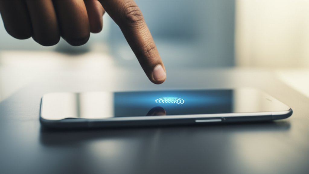 Diverse hand poised over smartphone biometric sensor, glowing UI. Modern workspace. Secure passwordless authentication.