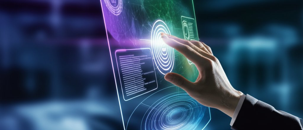 Hand on glowing digital interface, representing passwordless authentication. Blurred secure network background in blue, pu...