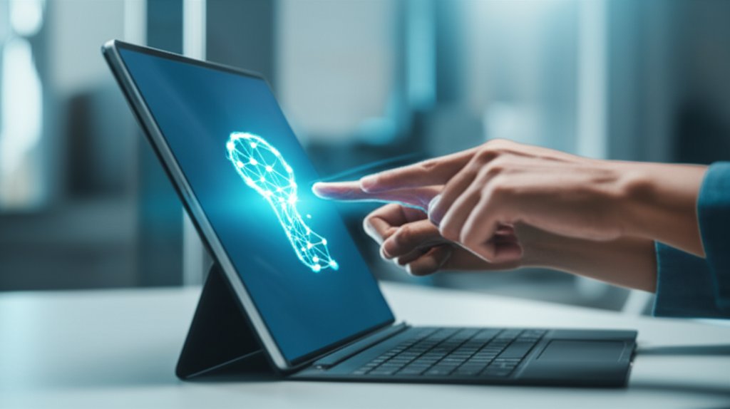 Diverse hands on a sleek tablet showing abstract passwordless authentication, no password fields. Emanating glow for seaml...