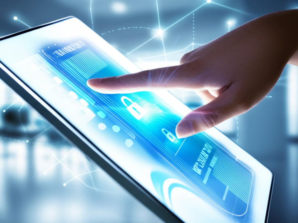 Diverse hand on a sleek screen showing dynamic digital patterns for secure, passwordless identity verification in a modern...