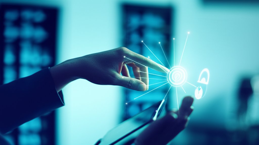 Professional's hand on sleek tablet/scanner with glowing digital lines & lock icon for secure passwordless authentication.