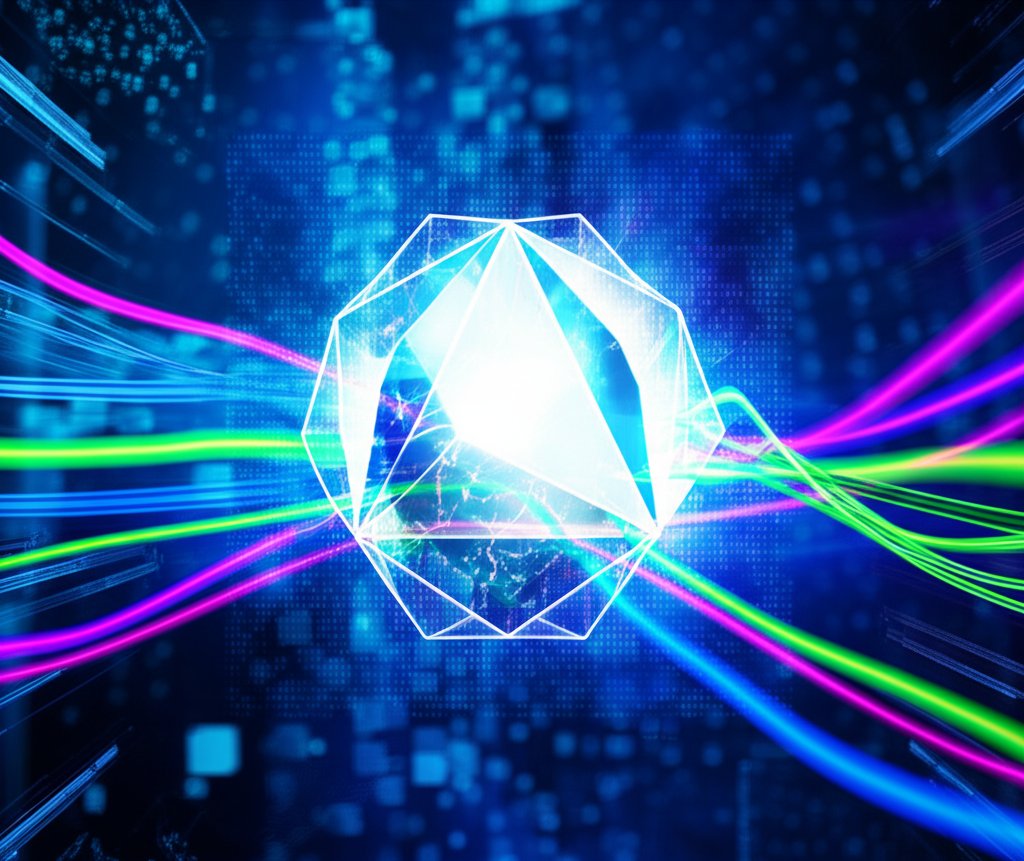 A glowing geometric core with data streams represents secure passwordless digital identity against post-quantum threats.