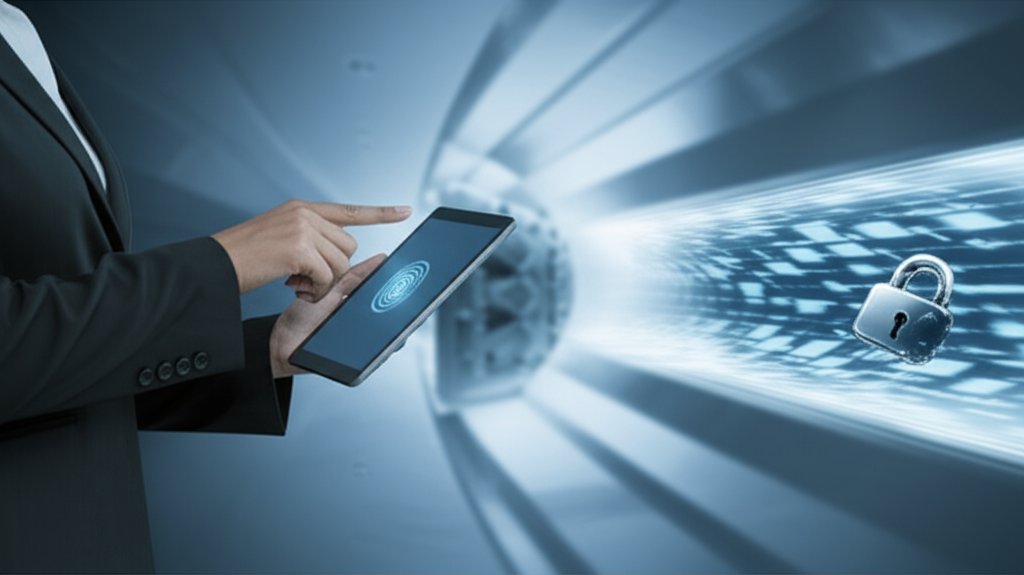 Person using a tablet for passwordless authentication, subtle biometric scan. Digital data stream to a secure vault, fadin...