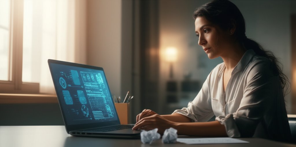 Thoughtful business owner at desk viewing a laptop's security challenge. A crumpled note subtly suggests password authenti...