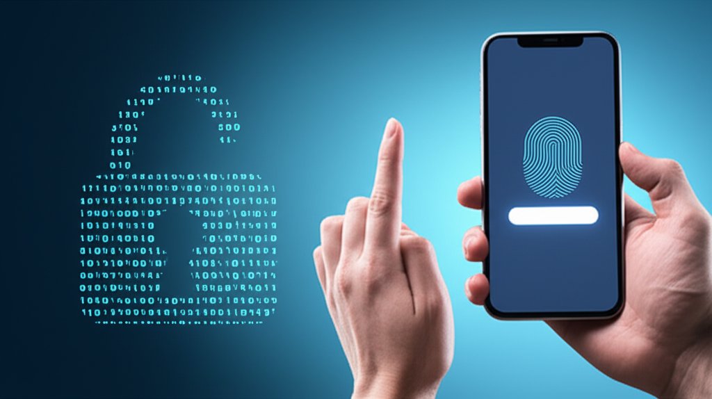 Tangled password icons contrast a modern device showing successful biometric passwordless authentication. A hand observes ...