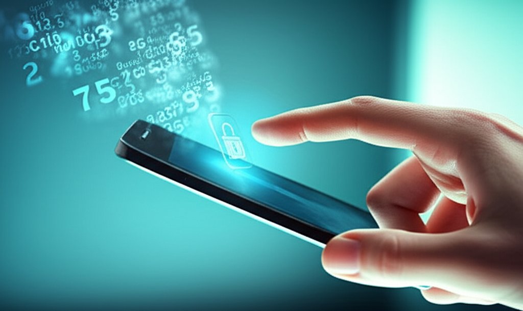 Hand uses biometric authentication on a smartphone, showing an open lock. Tangled passwords dissolve in background.