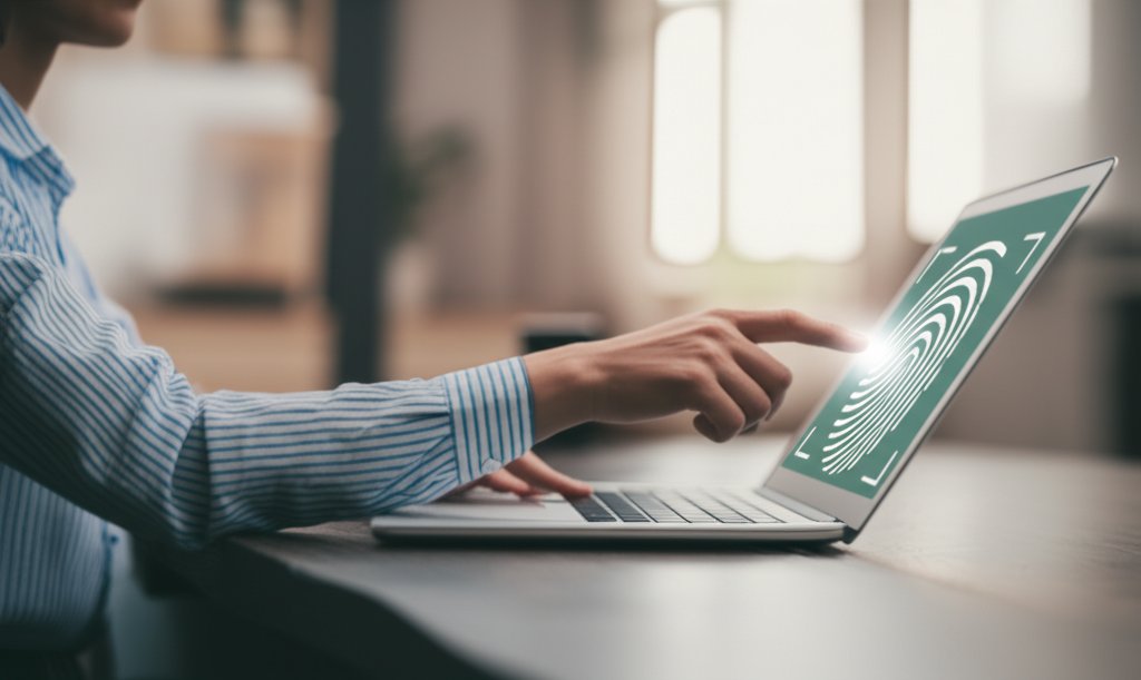Hands on a laptop screen with a biometric icon, representing seamless passwordless authentication for enhanced security in...