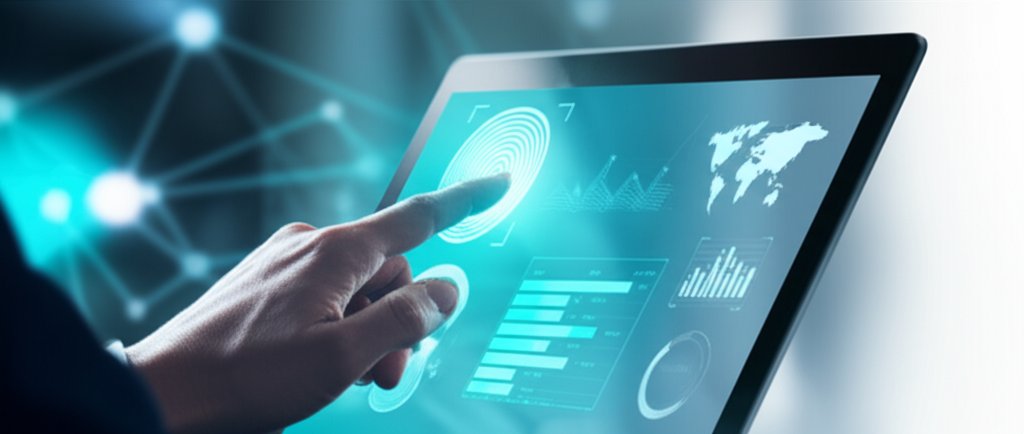 Professional authenticates into a modern laptop via glowing fingerprint/facial recognition, with secure data visuals. Digi...