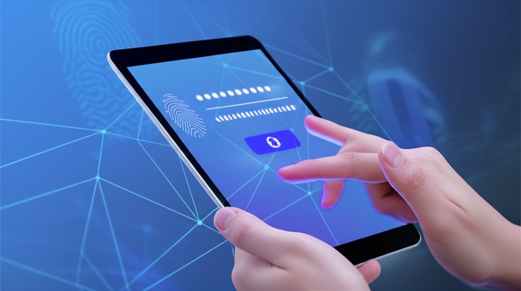 Hands thoughtfully interact with a tablet displaying a passwordless authentication prompt, overlaid with digital biometric...