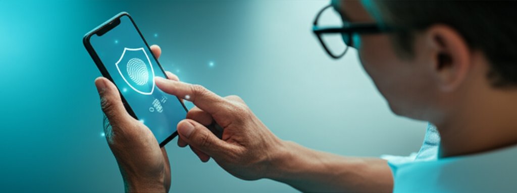 Professional using smartphone for passwordless authentication via biometric/passkey. Digital shield shows secure, effortle...