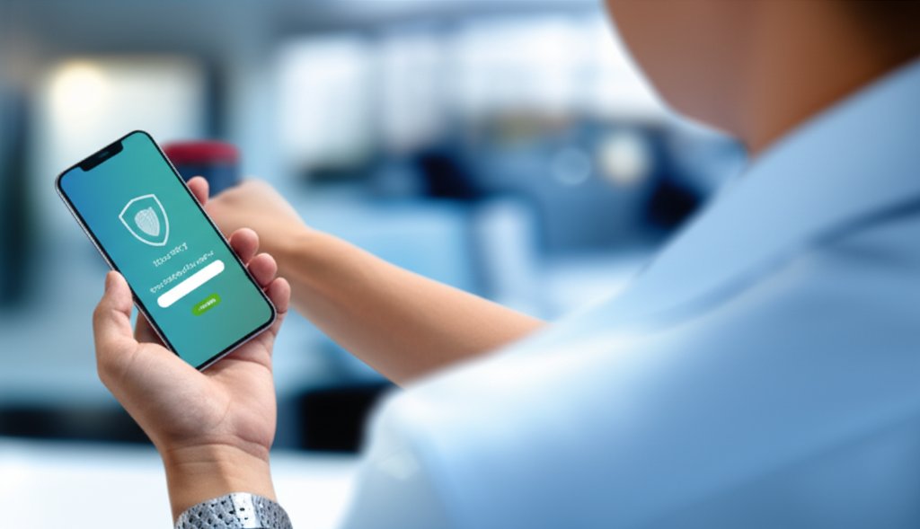 Professional views smartphone with biometric security prompt for secure passwordless authentication in a modern office.