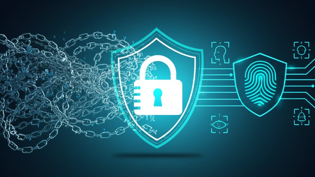 Digital shield contrasting broken password chains with modern passwordless authentication via fingerprint and facial scan ...