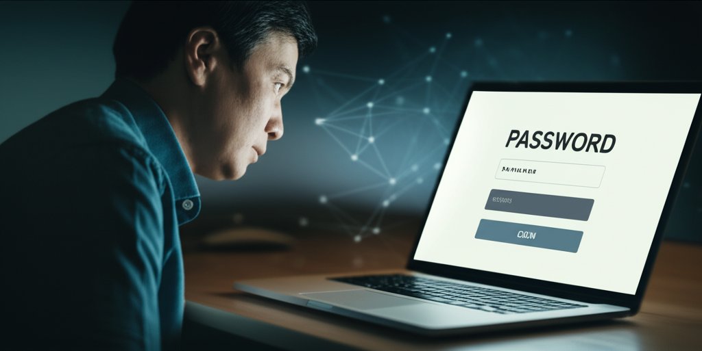 Focused person looks frustrated at a laptop login screen. Abstract network lines. Passwordless authentication struggles.
