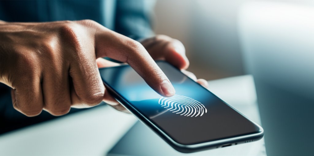 Hand pressing thumb on smartphone in-screen fingerprint sensor for secure passwordless identity authentication.