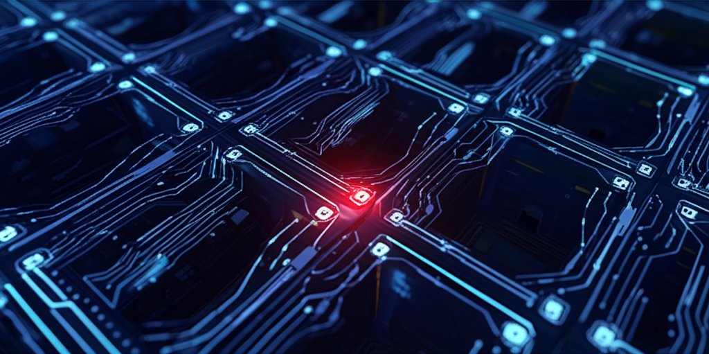 Intricate digital firewall in blue/purple tones, featuring a tiny glowing red anomaly subtly bypassing the secure network.