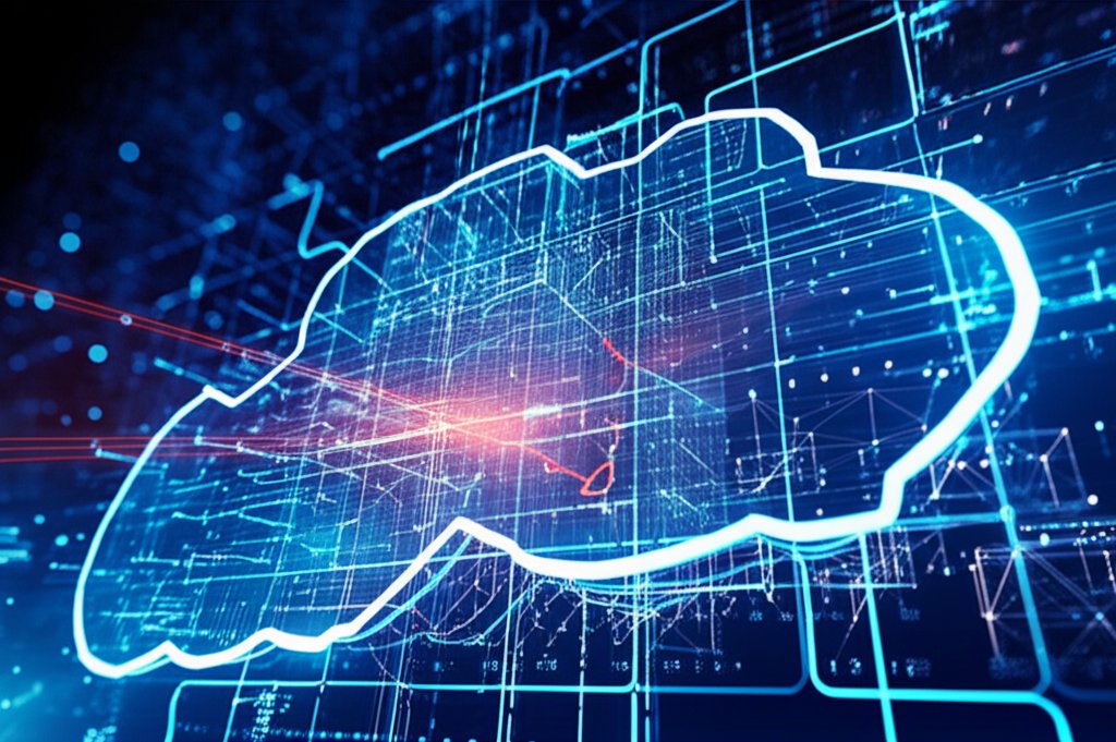 Vast digital cloud architecture with glowing blue network connections. A sweeping security scan misses a critical orange-r...