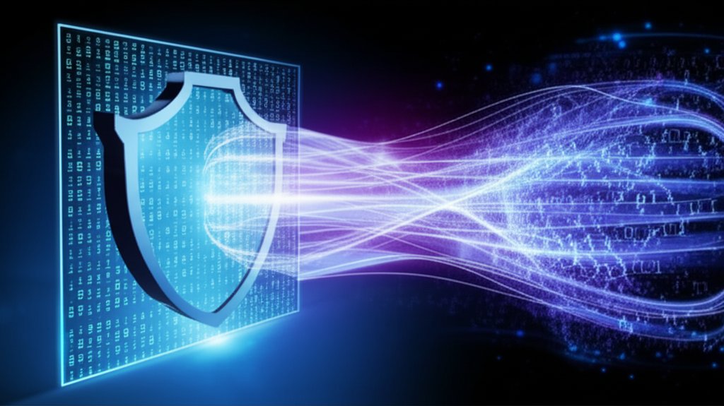 A glowing digital shield protects secure data lines from swirling quantum threat particles, representing Post-Quantum Cryp...