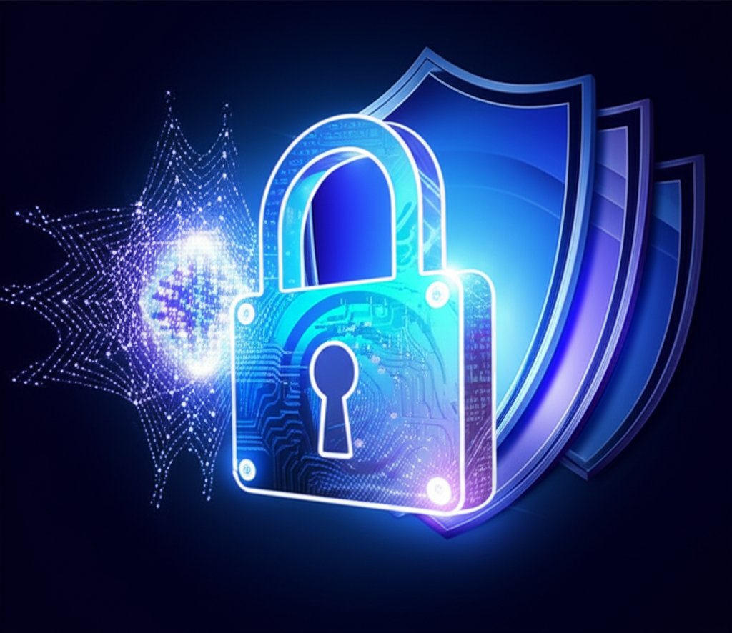 Futuristic digital lock strained by a glowing quantum anomaly, with new post-quantum security shields emerging in cool blu...