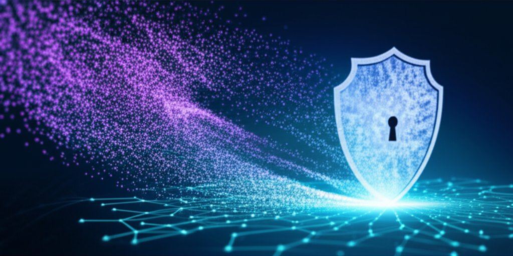 Post-quantum cryptography visual: Secure data network with blue-green shield repels a purple quantum threat vortex.