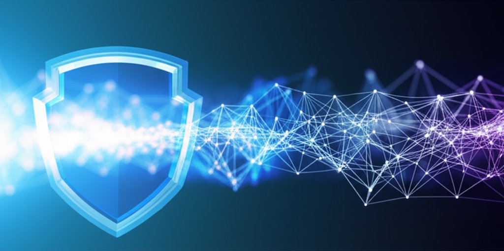 Luminous digital cyber-shield in cool blues protects data nodes from abstract quantum computing threats for post-quantum s...