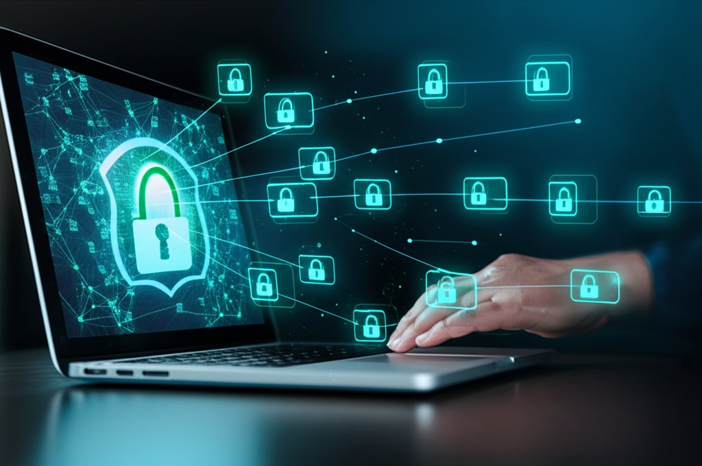 Zero Trust cybersecurity: glowing micro-segments protect secure data flows in a dynamic digital network, subtly integratin...