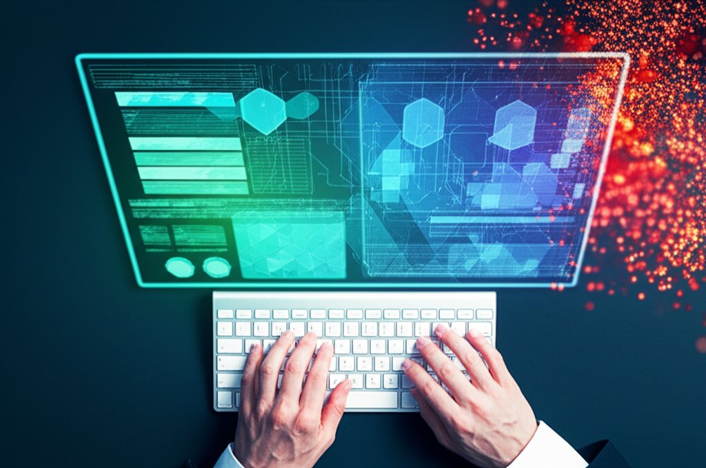 Hands at a modern desk with a holographic display showing blue/green privacy-preserving AI data and escaping red unsecured...