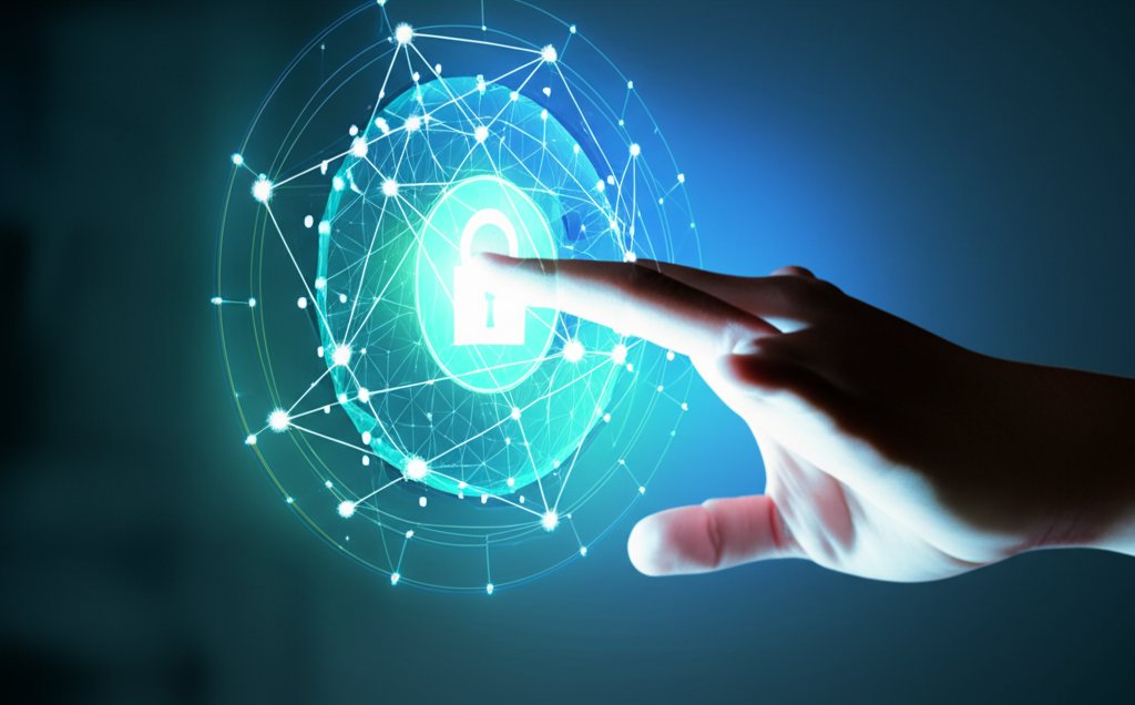 Hand activating a digital shield on a glowing holographic decentralized identity (DID) network protecting personal data.