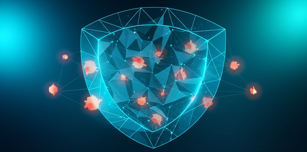 Robust digital shield protecting glowing serverless functions from red threats, symbolizing small business app security.