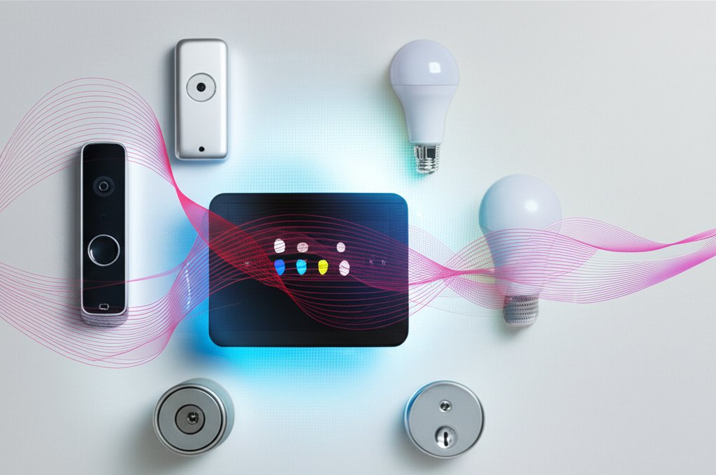 Smart home hub and devices (doorbell, light, lock) with red AI threats contained by a blue protective digital barrier.