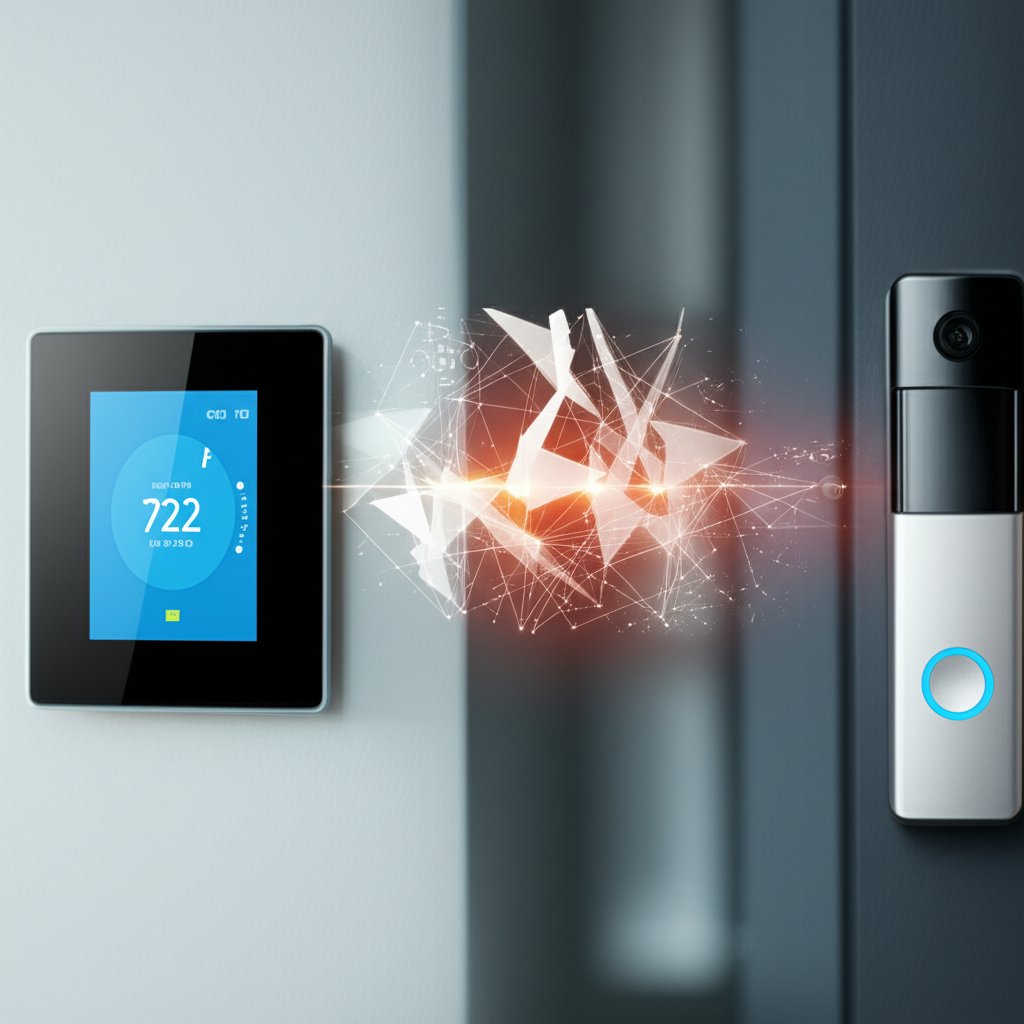 Sleek smart home devices (thermostat, doorbell) with a subtle, glowing network overlay hinting at digital security vulnera...