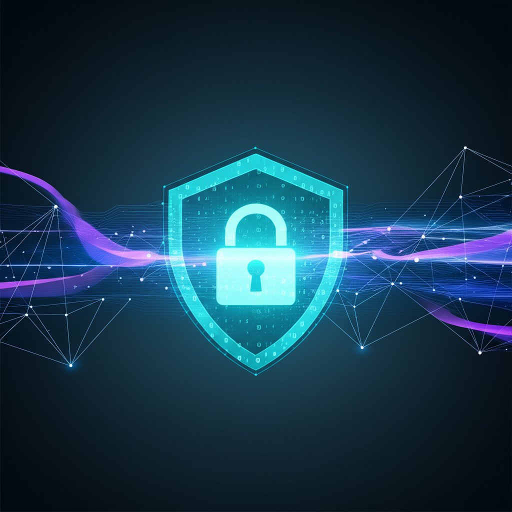 Luminous digital shield protects secure data from swirling purple quantum threats, symbolizing quantum resistance and futu...