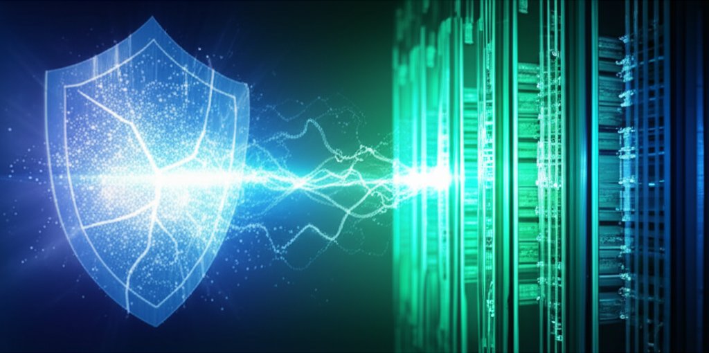 Digital art: A fragile blue shield under quantum attack, defended by a robust green cryptographic barrier securing data.