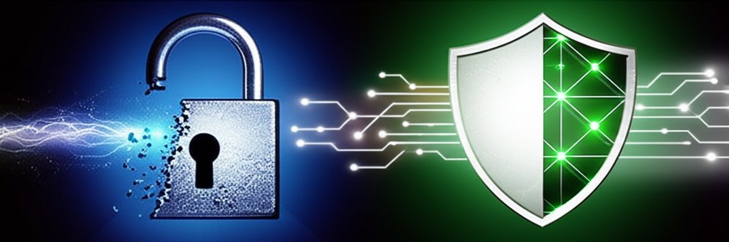 Conceptual image: fractured digital lock vulnerable to quantum threats, evolving into a robust, luminous quantum-resistant...