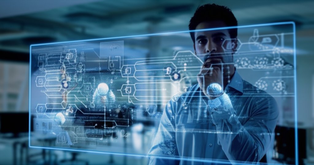 Cybersecurity expert views holographic display showing quantum crypto data, symbols, & network architecture in modern office.