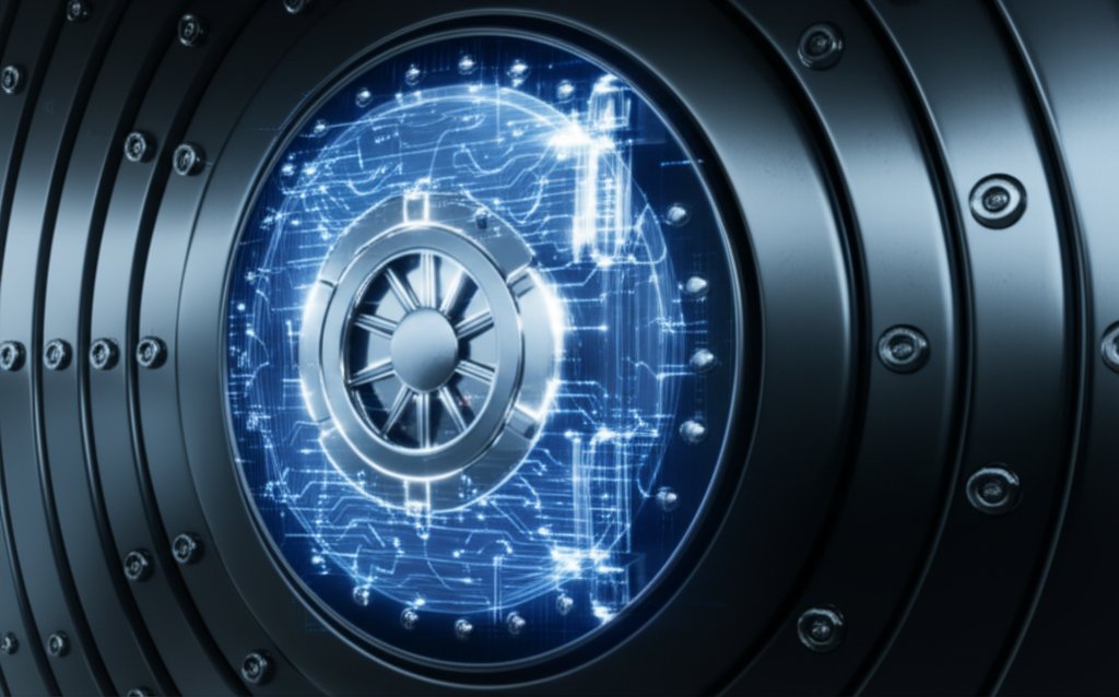 Sleek, dark metal digital vault lock mechanism, illuminated by glowing, complex quantum energy patterns.