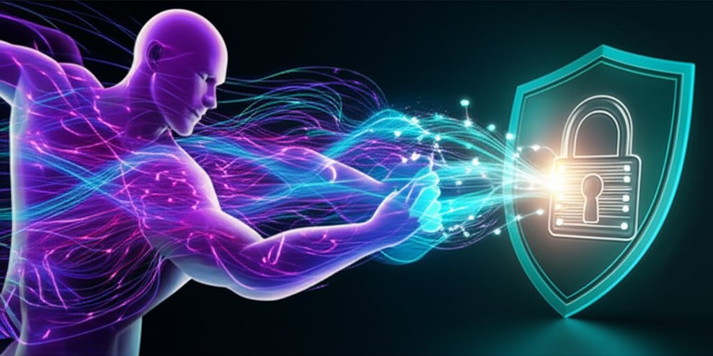 Digital art: Robust blue-green shield repels swirling purple quantum energy, safeguarding a glowing digital lock. Quantum ...