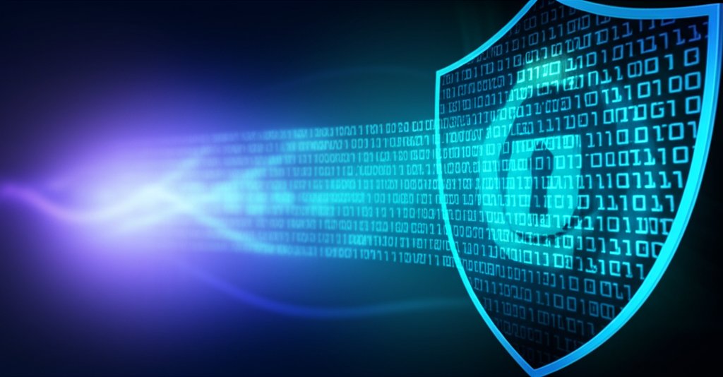 Digital shield with glowing cryptographic patterns protects binary data. Subtle quantum field hints at quantum-resistant c...