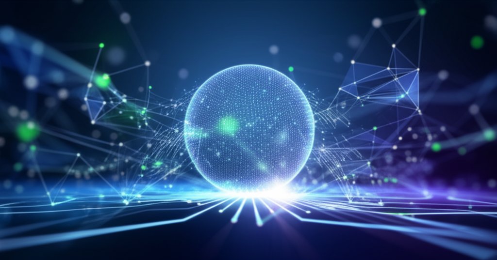 Glowing blue/purple data streams form a robust digital security shield, keeping ethereal green quantum threats at bay.