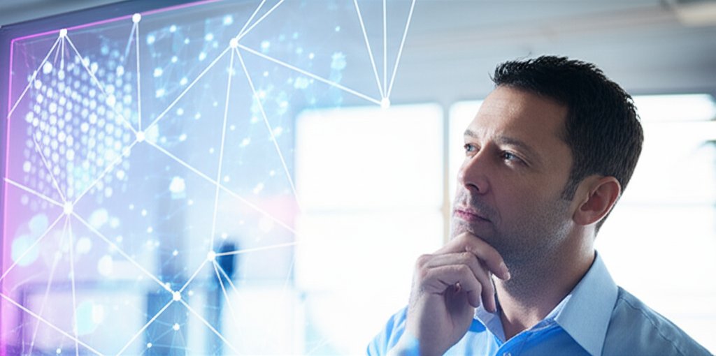 Professional business owner viewing cybersecurity data and quantum patterns on a screen, focused on business security stra...